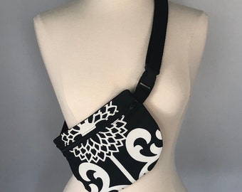 Black and White Floral Waist Pouch, black waist pouch, black fanny pack, fanny pack, belt bag, moon bag, belly bag, bum bag, hip bag, floral