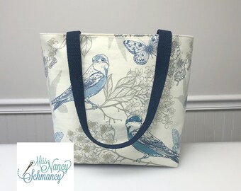 Ships Tomorrow!  Birds 'n Butterflies Tote, birds tote, butterflies tote, tote bag, handmade tote bag, shoulder tote bag, blue tote bag