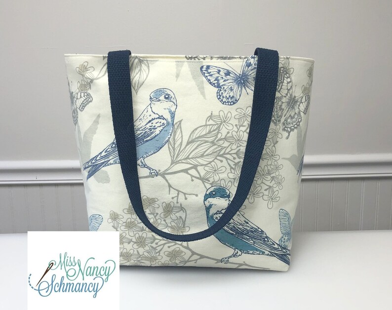 Ships Tomorrow Birds 'n Butterflies Tote, birds tote, butterflies tote, tote bag, handmade tote bag, shoulder tote bag, blue tote bag image 1