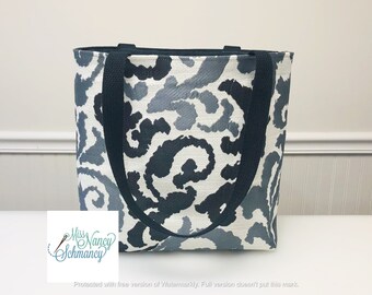 Ships Tomorrow!  Damask Black and Gray Tote, black print tote, damask tote, fancy tote bag, handmade tote bag, shoulder tote bag