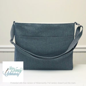 Grey Pinstripe Messenger Bag, messenger bag men, work bag men, masculine bag, gray messenger bag, unisex messenger bag, gifts for him image 2