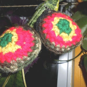 Army Fatigue Militant  Crochet Earrings with Red, Gold, Green, accents