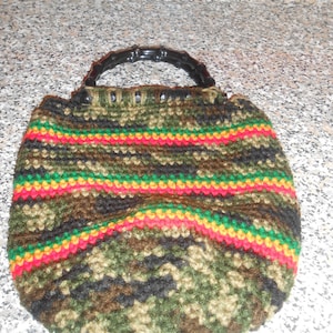 Army fatigue and black crochet bags with plastic bamboo handles