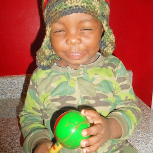 Baby army fatigue crochet hat 5-12 months with ear flips ( custom made orders too)