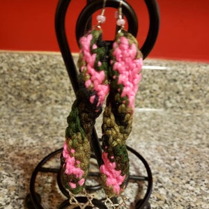 Army fatigue Spiral Crochet Earrings with a Splash of Neon Pink Adornded with Ethiopian Star of David