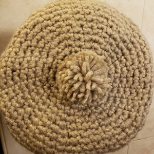 Chunky Beige Beret with Gold Accents and Pom-Pom