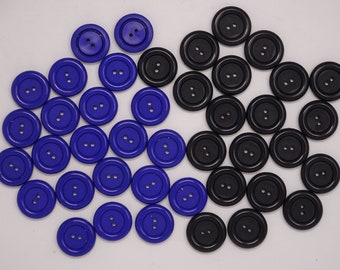 Vtg Black or Royal Blue Dolls Eye 2-Hole Round Buttons with Raised Edge 27mm Lot of 6 B25-2