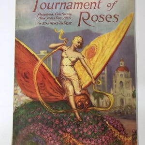 May include: A vintage program cover for the Tournament of Roses parade in Pasadena, California on New Year's Day, 1933. The cover features a woman in a white dress riding a large butterfly with yellow and red wings. The butterfly is flying over a field of pink roses.