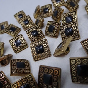 Vintage Black Antique Gold Square Metal Buttons Ornate Border 13mm Lot of 2 A209