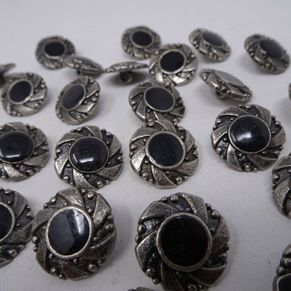 Vintage Silver Black Rhinestone Metal Shank Buttons 20mm Lot of 3 B110-10
