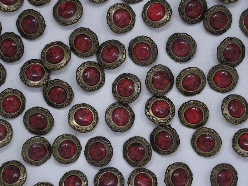 Vtg Marbled Lipstick Red Black Rhinestone Shank Button 19mm Lot of 6 C337-4