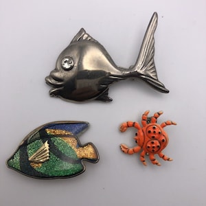 Lot of 3 1980s Vtg Fish Crab Brooch Pin 1&quot; - 1 3/4&quot;
