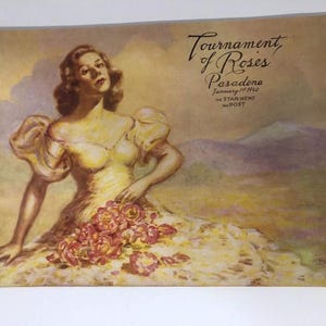 May include: A vintage illustration of a woman in a white dress holding a bouquet of pink roses. The text reads "Tournament of Roses Pasadena January 1st 1940 The Star News The Post".