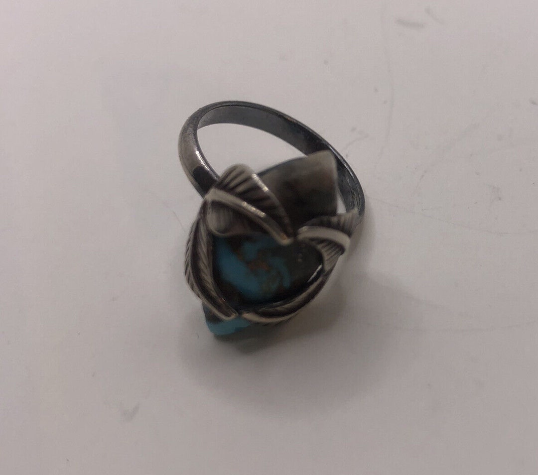 Vintage Style Leaf Ring With Created Green Turquoise - 925 Sterling Silver Oxidized Finish - View #6