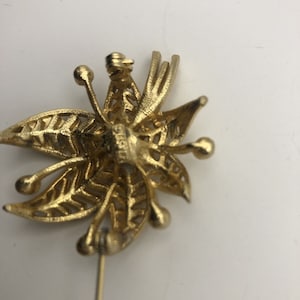 Könnte beinhalten: Goldfarbene Blumenbrosche mit Nadelverschluss. Die Brosche hat ein detailliertes filigranes Design aus Blättern und kugelförmigen Elementen. Die Nadel ist ein klassisches Accessoire, um Kleidung oder Accessoires einen Hauch von Eleganz zu verleihen.