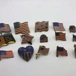Lot of 15 American Flag Tie Tack & Pins - One has rhinestones