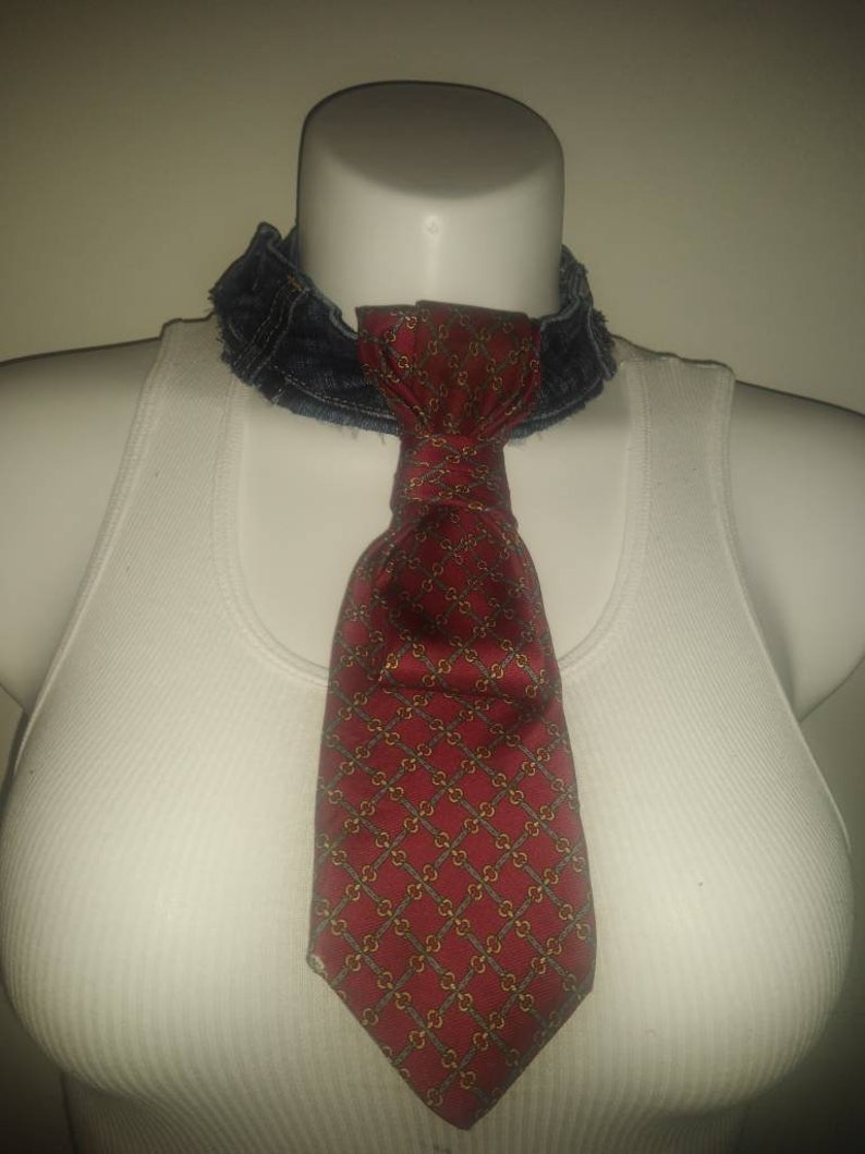 Unisex reclaimed denim and silk tie choker