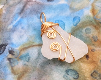 Natural Sea Glass Pendant with Brass Wire, Brass and Beach Glass Pendant, One of a Kind Pendant, West Coast Jewelry, Upcycled Glass Jewelry