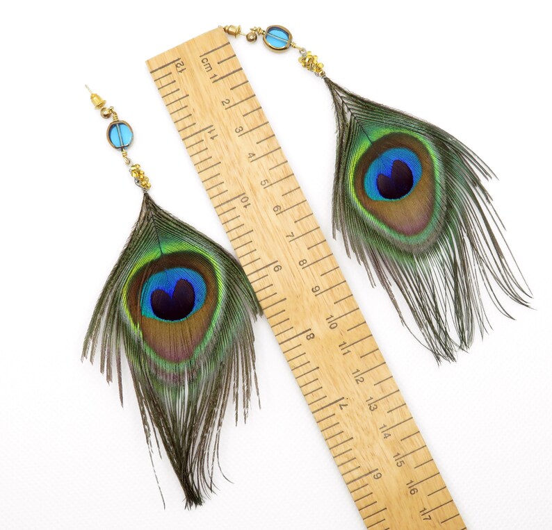 Peacock Feather Earrings glass bead and golden seed bead image 4