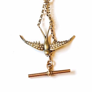 Antique 9ct/15ct Gold & Pearl Swallow and Etruscan Link Albert Watch Chain Necklace