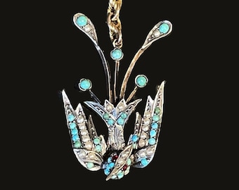 Exquisita cadena victoriana de oro de 9 quilates, colgante de turquesa y perla en plata dorada con la inscripción "Ave del Paraíso".
