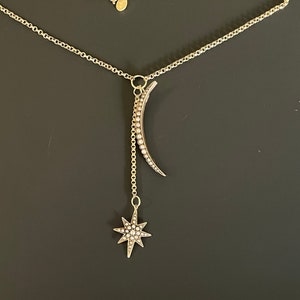 Antique Victorian 9ct Gold and Pearl Element Crescent Moon and Starburst Charm Necklace