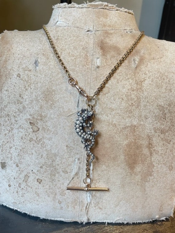 Antique 9ct Gold Guard Chain Silver Pearl Diamond… - image 10