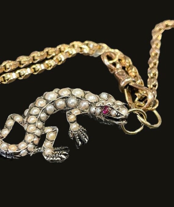 Antique 9ct Gold Guard Chain Silver Pearl Diamond… - image 3
