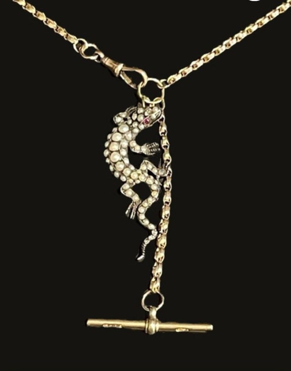 Antique 9ct Gold Guard Chain Silver Pearl Diamond… - image 1