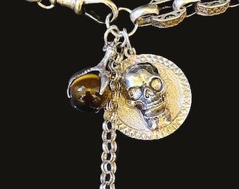 Silver Antique Fancy Watch Chain Necklace with Antique & Vintage Charms and Curios, Claw, Talon, Tigers Eye, Skull Fob, T Bar Charm Necklace