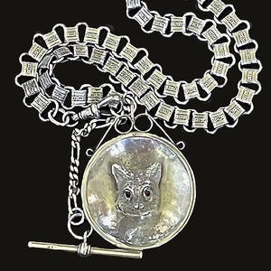Puede incluir: Un collar de tono plateado con una cadena de eslabones planos anchos y un colgante circular. El colgante presenta un relieve metálico de cabeza de gato con pequeños ojos rojos sobre un fondo iridiscente, con un cierre de barra en T.