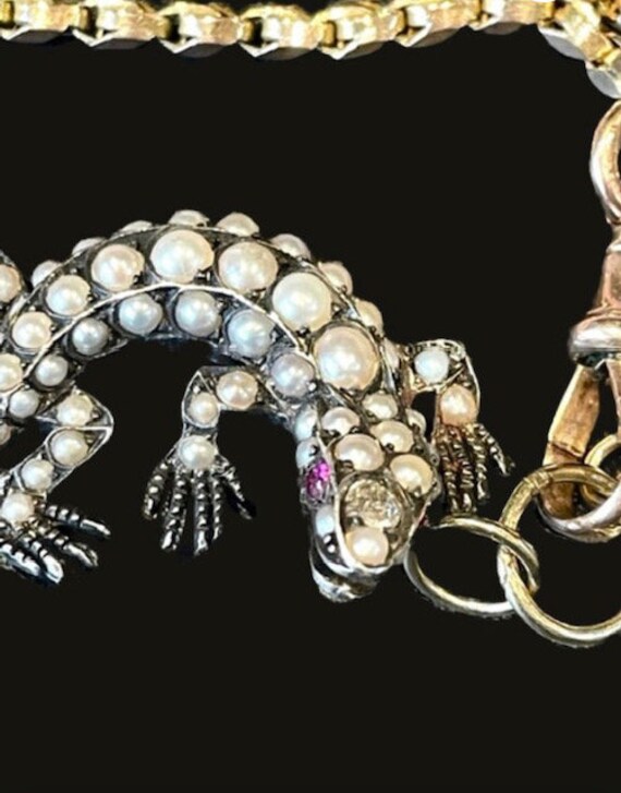 Antique 9ct Gold Guard Chain Silver Pearl Diamond… - image 4