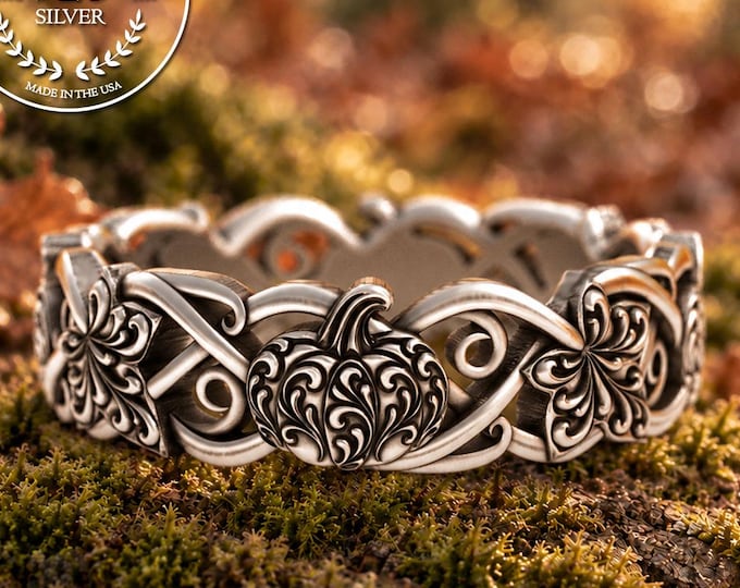 Sterling Fairytale Pumpkin Ring, Silver Autumn Wedding Band, Woman's Halloween Jewelry, Spooky Scrollwork Ring, 5710