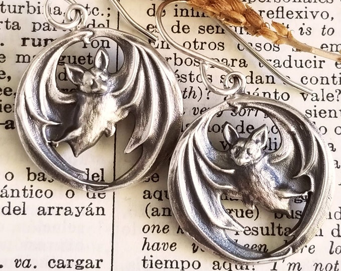 Bat Earrings, Sterling Silver Bat Jewelry, Goth Accessories, Nature Inspired Jewelry, Art Nouveau Earrings, Witchy Jewelry, bat-E