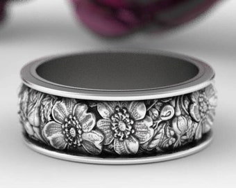 Sterling Rose Ring, Flower Wedding Band, Rose Ring, Nature Wedding Ring, Silver Flower Ring, Sterling Wedding Ring, Art Nouveau Ring, 5020