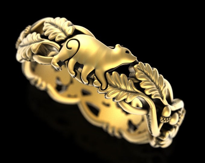 Gold Bear & Oak Forest Ring, 10K Baby Bear Wedding Ring, 14K Bear Cub Ring, Gold Woodland Acorn Leaf Ring, 18K Nature Wedding Theme, 5538