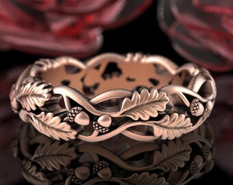 Rose Gold Acorn Ring, 10K Womens Rose Gold Wedding Band, Rose Gold Forest Ring, 14K Rose Gold Oak Leaf Wedding Band, Forest Wedding, 1540