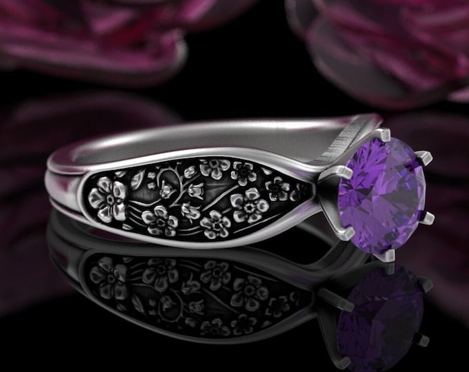 Amethyst Forget-Me-Not Engagement Ring, Bridal Flower Wedding Ring, Sterling 1 Carat Solitaire Floral Ring, Purple Botanical Ring, 5027