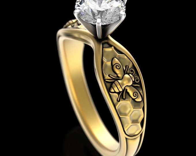 Gold Honey Bee Engagement Ring, Moissanite 10K 14K Bumblebee Solitaire Ring, Diamond Queen Bee Wedding Ring, White Gold Honeycomb, 5028