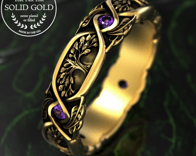 Amethyst Nature Inspired Bridal Ring, Gold or White Gold Tree Forest Wedding Band, 18K Woman's Anniversary Ring, Art Nouveau Botanical, 2003