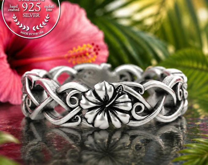 Sterling Hibiscus Tropical Flower Ring, Hawaii Floral Wedding Band, Silver Island Girl Flower Boho Ring, Rainforest Botanical Jewelry, 5704