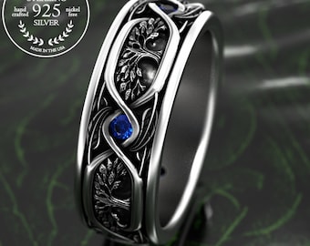 Sterling Tree of Life Ring, Silver Mens Nature Wedding Band, 925 Sapphire Amethyst Ruby Botanical Wedding Ring, Art Nouveau Forest, 2004