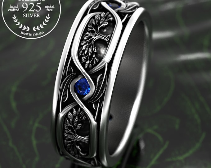 Sterling Tree of Life Ring, Silver Mens Nature Wedding Band, 925 Sapphire Amethyst Ruby Botanical Wedding Ring, Art Nouveau Forest, 2004