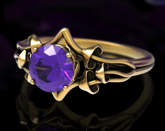 Gold Mushroom Engagement Ring, Amethyst & Gold Wedding Ring, Mushroom Wedding Ring, Gold Botanical Wedding Ring, Magic Engagement Ring, 7003
