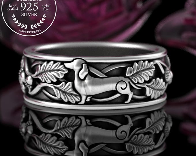 Dachshund Sterling Silver Ring, Proud Doxie Statement Ring, Sausage Dog Wedding Band, Men's Hunting Dog Ring, Miniature Dachshund Ring, 5514