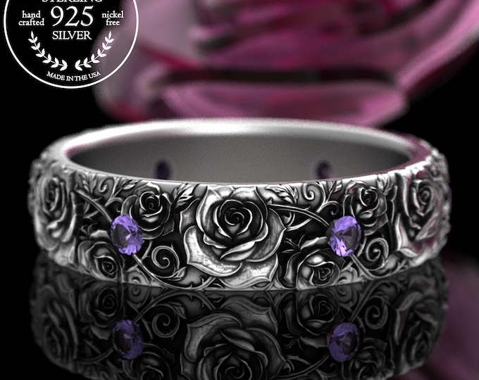 Sterling Amethyst Rose Wedding Band, Bridal Flower Ring, Vintage Rose Bride Ring, Antique Floral Jewelry, 5226