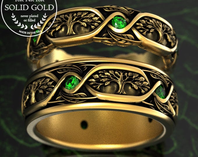 Gold & Emerald Forest Grove Wedding Ring Set, 14K Matching Tree of Life Wedding Bands, White Gold Pagan Handfasting Rings, 2003 2004