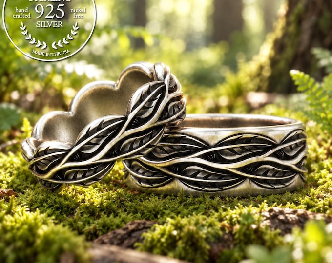 Bride & Groom Botanical Tree Branch Wedding Ring Set, Sterling Matching Forest Anniversary Rings, Silver Willow Nature Jewelry, 2056 2057