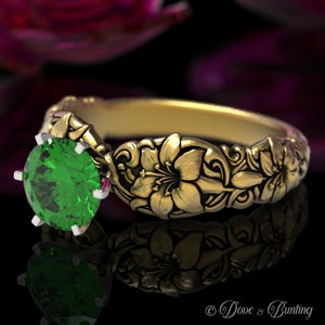 10K Emerald Lily Ring, 14K Gold Floral Engagement, Lily Flower Ring, Vintage Inspired Flower Ring, Lily Wedding, 18K Art Nouveau Ring, 1866