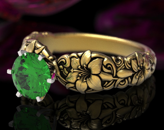 10K Emerald Lily Ring, 14K Gold Floral Engagement, Lily Flower Ring, Vintage Inspired Flower Ring, Lily Wedding, 18K Art Nouveau Ring, 1866